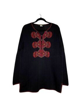 Peruvian Connection 100% Pima Cotton Black Knit Tunic Sweater Red Detail Sz S